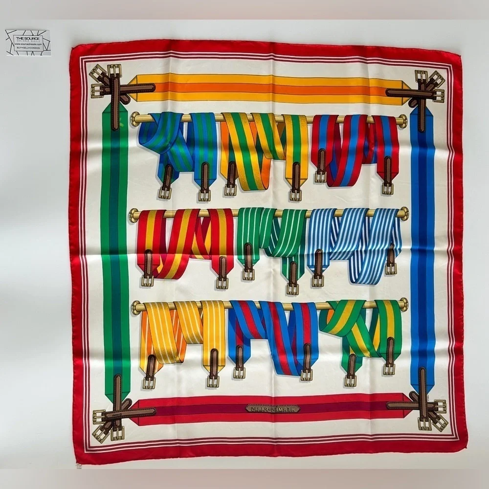 HERMES Paris Authentic 100% Silk Carre 90 J. Metz Les Sangles Rare Red Border - Picture 8 of 16
